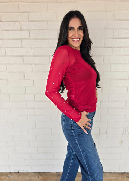 Center Of Attention Mesh Pearl Top - Red