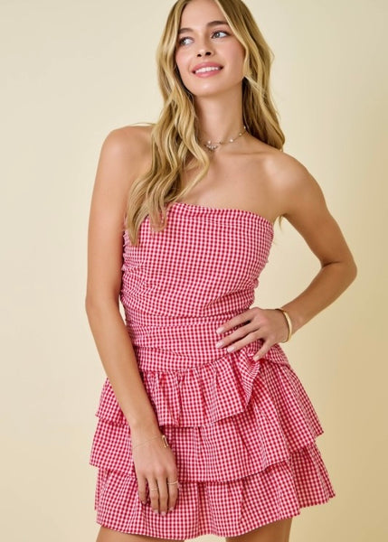 Playful Mind Red Gingham Strapless Mini Dress