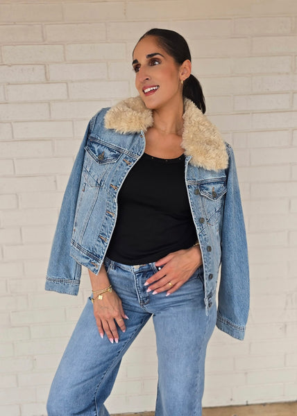 Think Faux Fur Collar Denim Jacket