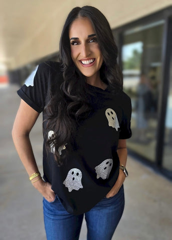 Glitter Ghost Halloween Black Graphic Shirt