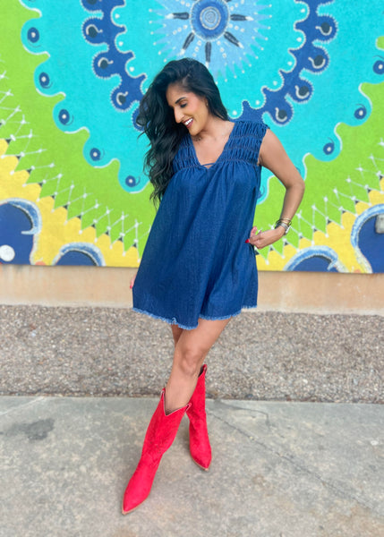 You Are Worthy Blue Denim Sleeveless Mini Dress