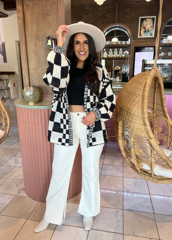 Just Go With It Black Checked Pattern Loose Fit Chunky Cardigan