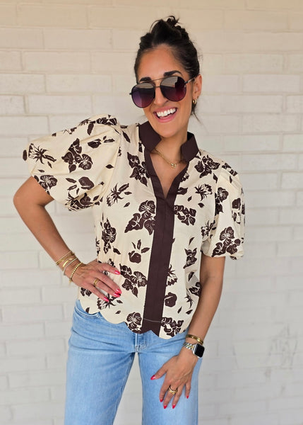 Thinkin About You Brown Floral V Neck Top