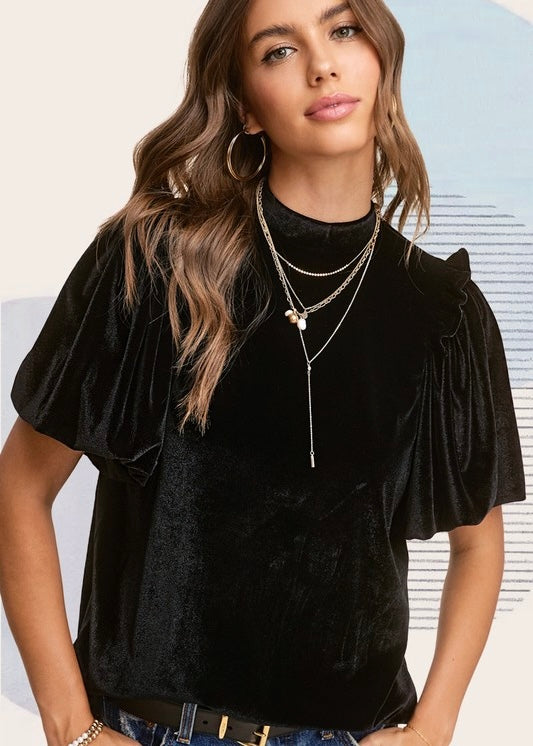 Dinner Plans Black Velvet Puff Sleeve Top