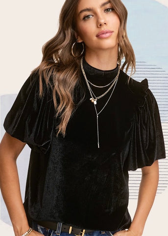 Dinner Plans Black Velvet Puff Sleeve Top