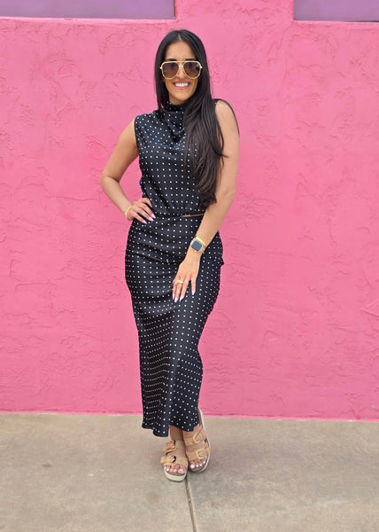 Sudden Connection Black & White Polka Dot 2 Pc Top & Midi Skirt Set
