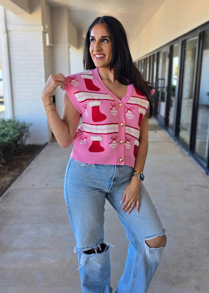 Pink Motive Christmas Patterned Sweater Vest