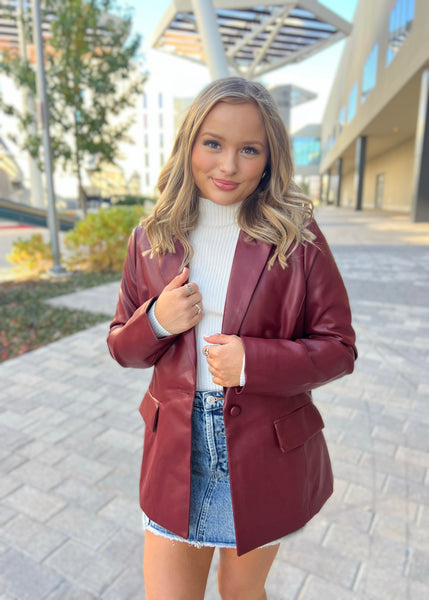 Embrace It Garnet Faux Leather Blazer