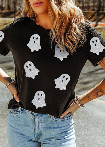 Glitter Ghost Halloween Black Graphic Shirt
