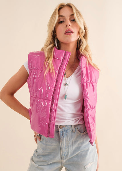 True Intentions Pink Gloss PU Puffer Vest