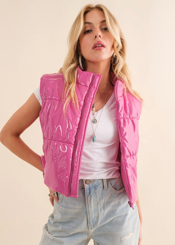 True Intentions Pink Gloss PU Puffer Vest