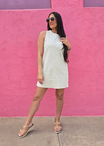 Girl Time Cream Pin Striped Denim Mini Dress
