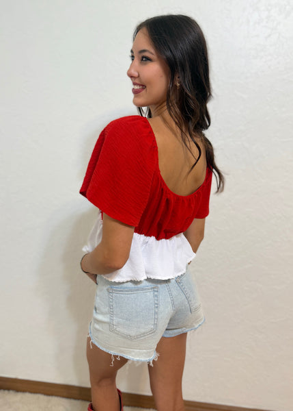 Cheering Squad Red/White Front Tie Top