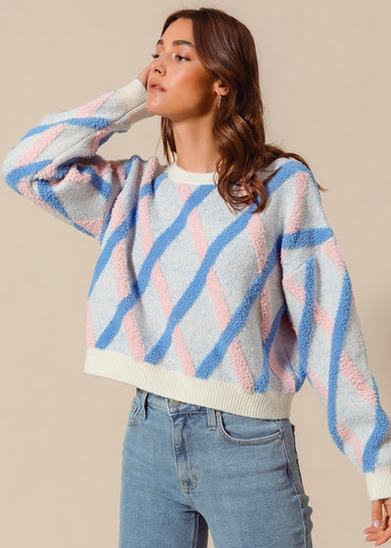 Beyond Me Blue Fluffy Diagonal Striped Sweater Top