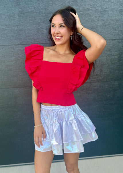 Social Delight Red Top With Ruffle Sleeves