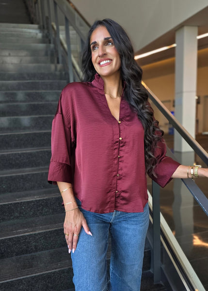 Makes Sense Burgundy Gold Button Up Blouse