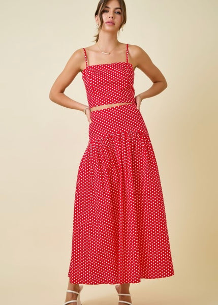 Rendezvous Red & White Polka 2 Pc Top & Midi Skirt Set