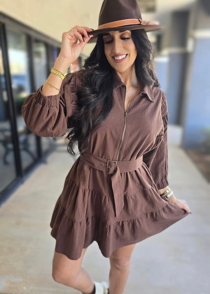 Fall Festival Brown Belted Mini Dress