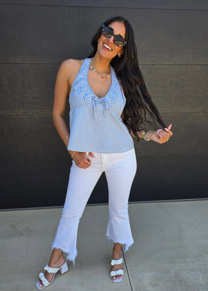 Summer Feelings Blue Striped Ruched Halter Top
