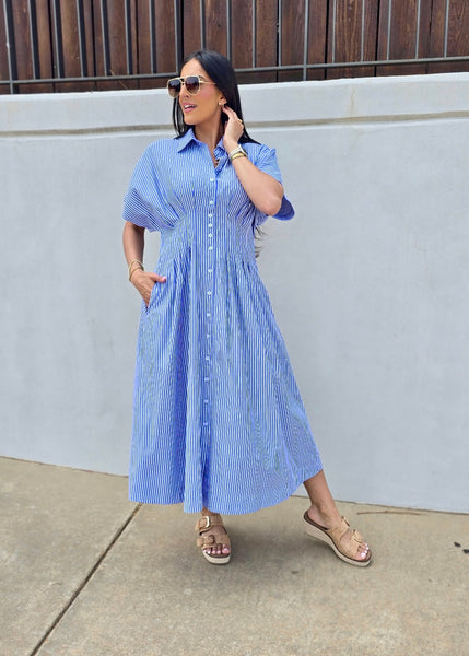 Right On Time Blue Striped Midi Dress