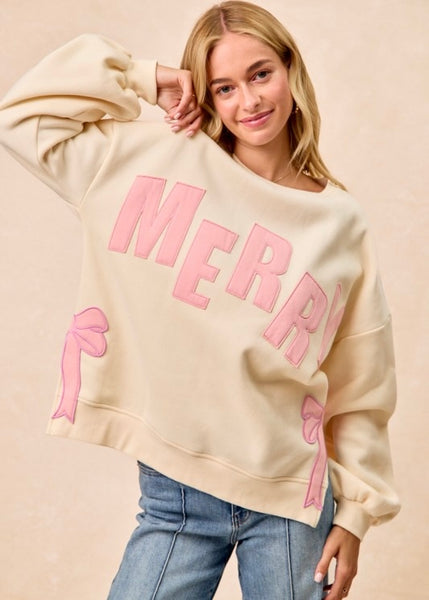 Merry Side Bow Christmas Sweatshirt - Cream/Pink