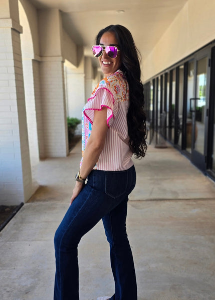 Preppy Charm Pink Boho Floral Top