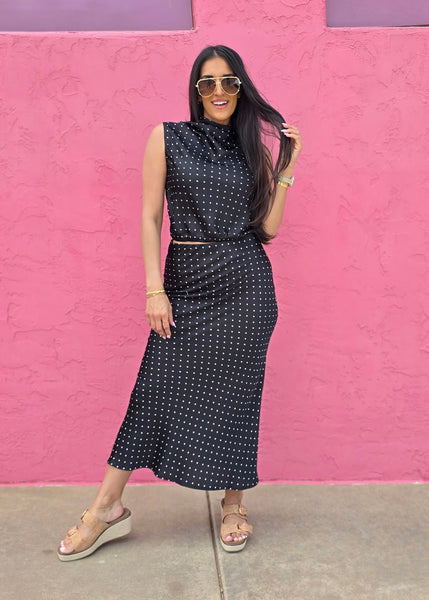 Sudden Connection Black & White Polka Dot 2 Pc Top & Midi Skirt Set