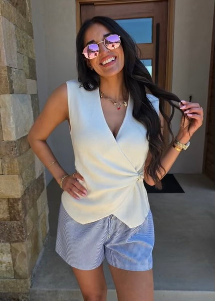 Planning Ahead White Sleeveless Wrap Knit Top
