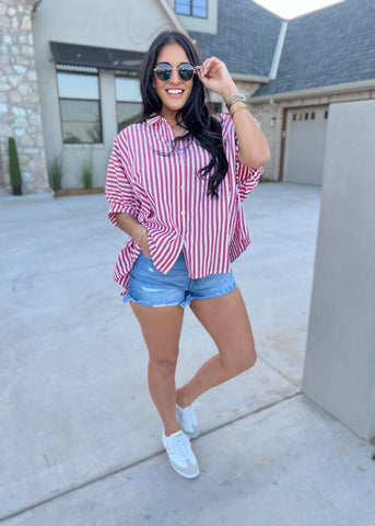 Settling In Red & White Striped Button Up Oversized Top