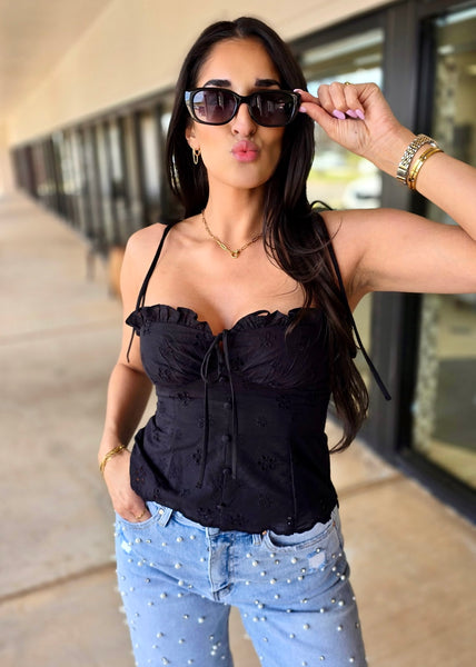 For The Fun Of It Black Eyelet Bustier Peplum Top