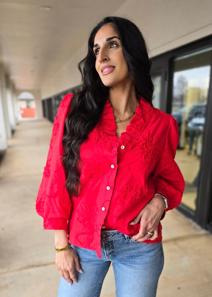 Beauty Mark Red Patterned Button Up Top