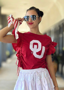 OU Sequin Red Ruffle Sleeve Top