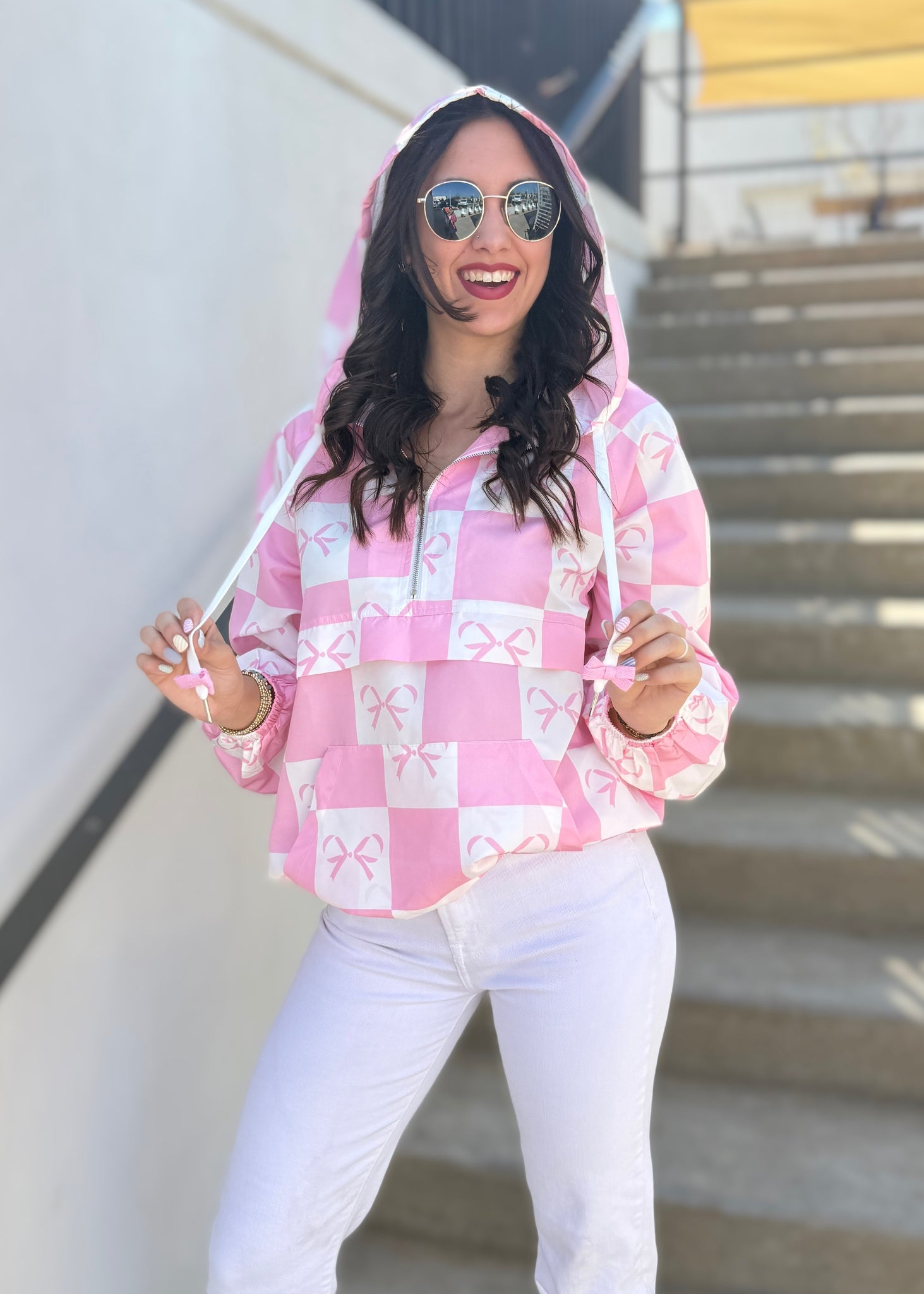 Breezing By Pink Checked Ribbon Windbreaker