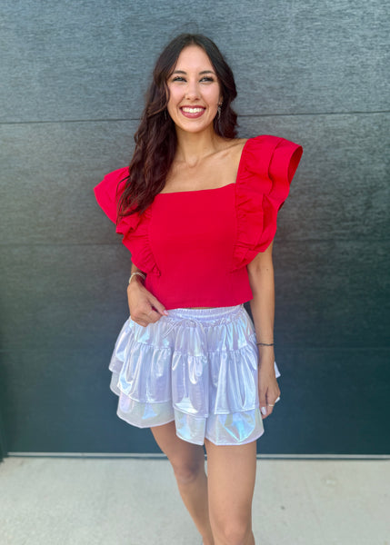 Social Delight Red Top With Ruffle Sleeves