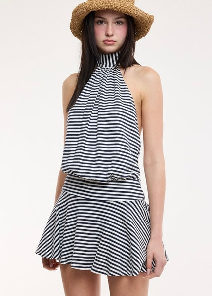 You Got Me Navy Striped Backless Halter Mini Dress-Romper