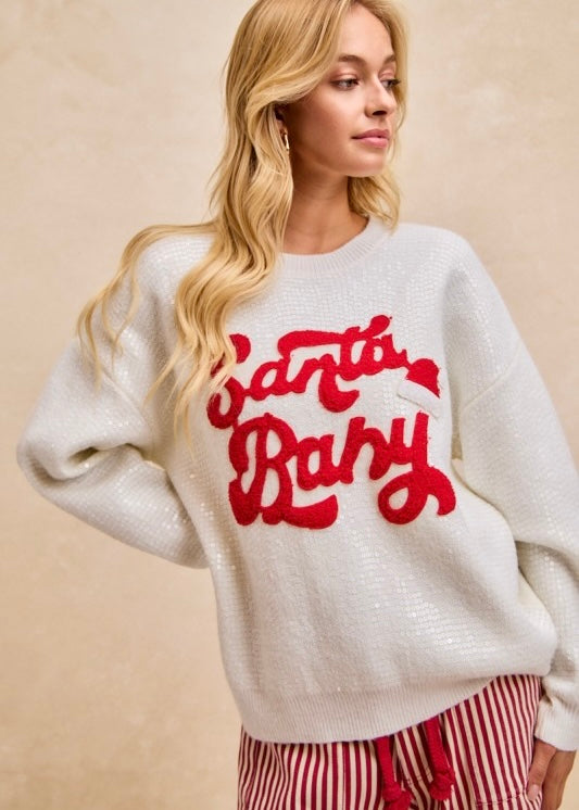 "Santa Baby" White Sequin Sweater