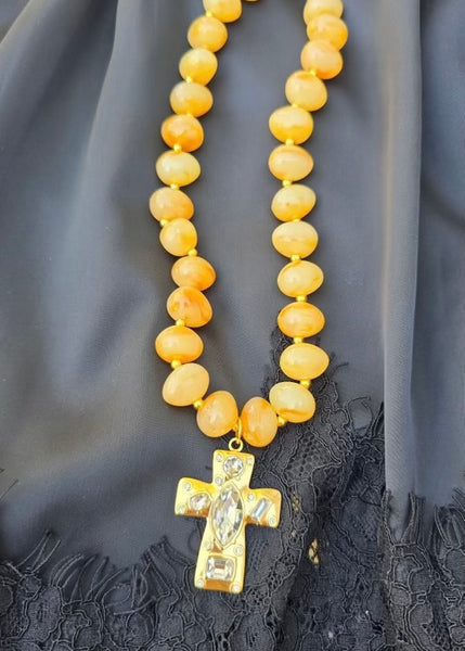 Amber Beaded Cross Charm Necklace