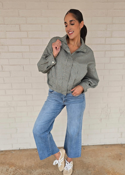 Checked In Long Sleeve Green Checked Bomber Jacket