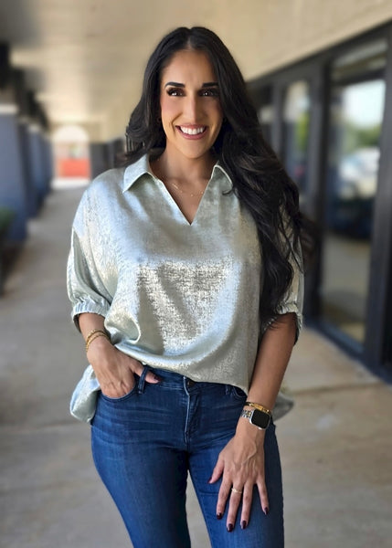 Shining Star Sage Shimmer Collared Top