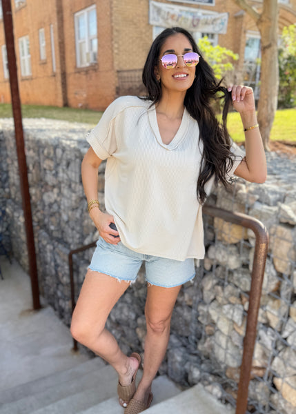 Here For It Cream Corded Ribbed Short Sleeve Top