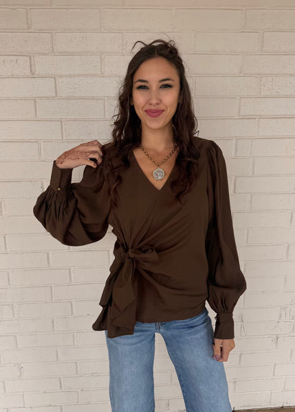 Believe Me When I Say Side Tie Brown Blouse