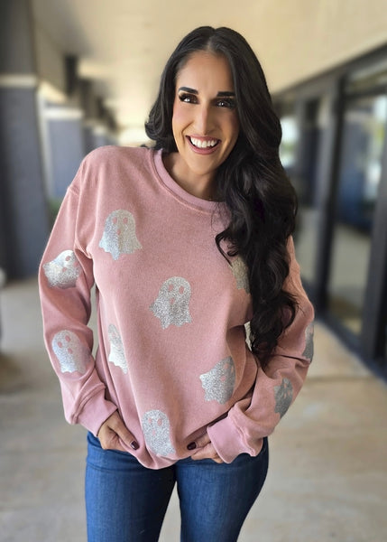 Hey Boo Halloween Ghost Corded Pink Sweatshirt