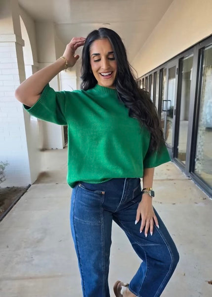 Knocking At My Door Short Sleeve Oversized Green Sweater