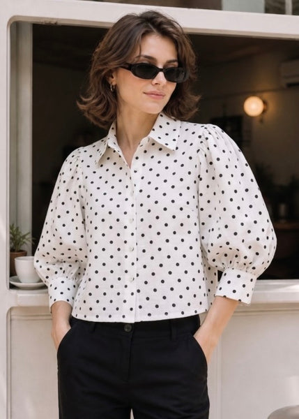 Perfectly Polkadot Top Bk/White Button Up Top
