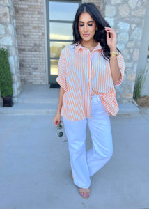 Settling In Orange & White Striped Button Up Oversized Top