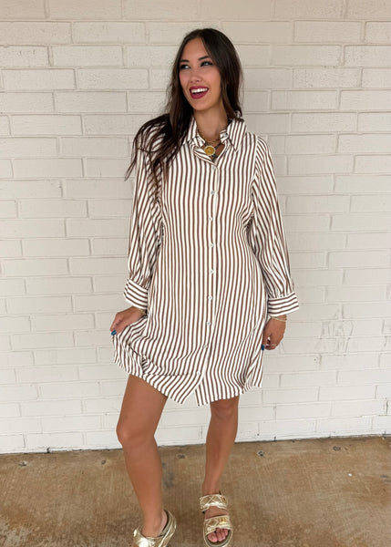 Let There Be Joy Brown Striped Tie Dress