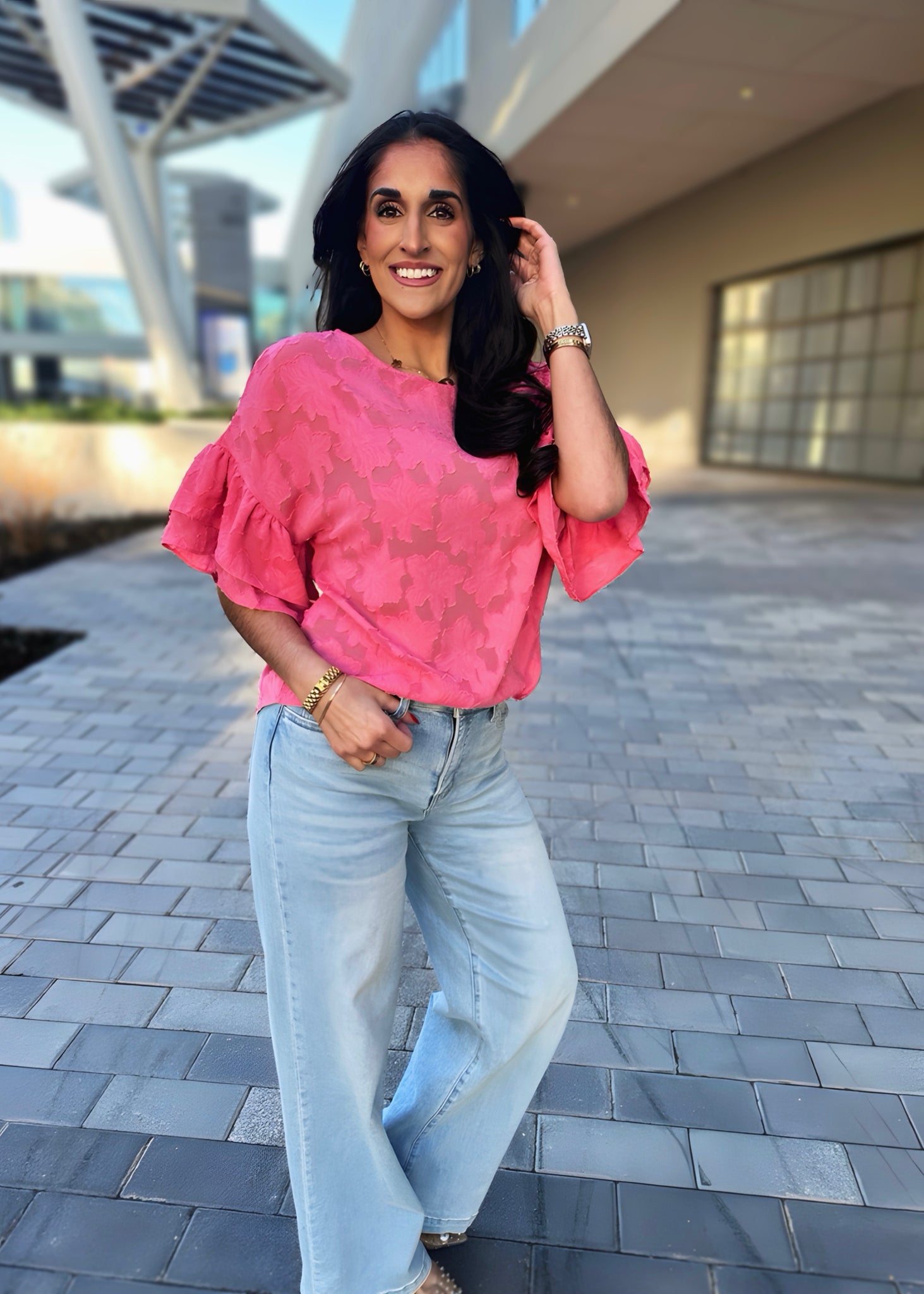 Purposely Pink Ruffle Sleeve Floral Top