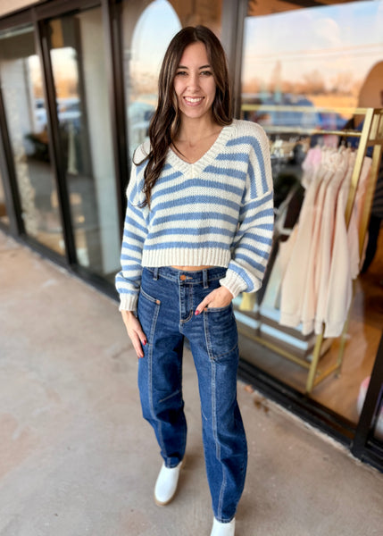 Winter Blues Striped Cropped Sweater