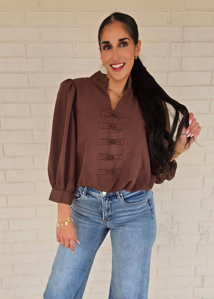 Off To New Places Brown Bubble Hem Top