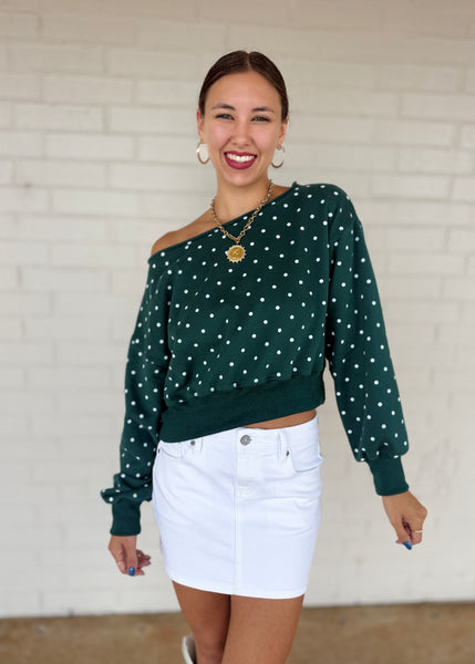 From The Past Green & White Polka Dot Off The Shoulder Sweatshirt Top